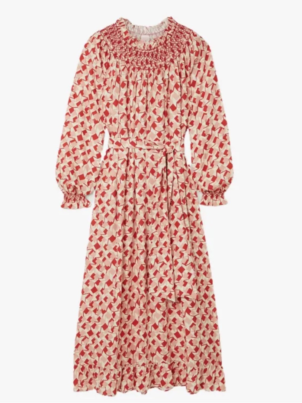 Loretta Caponi LORETTA belted smocked printed poplin dress